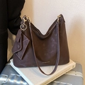 Dark brown suede tote bag with gold metal zippers and mini envelope charm detail - Brown