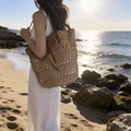 Sac fourre-tout tissé en paille kaki avec anses en cuir pour les vacances d'été à la mer - Kaki Moyen
