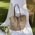 Sac fourre-tout en paille tissé main beige avec anses en cuir marron pour la plage - Kaki Petit