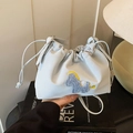 Sac seau bleu gris clair à cordon avec un joli patch d'âne en peluche et bandoulière - Bleu