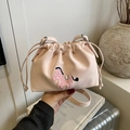 Niche designer pink drawstring bucket bag with cute embroidered pony pattern - Pink