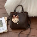 Dark brown minimalist bucket bag with cute bear charm and adjustable shoulder strap - Coffee with Pendant