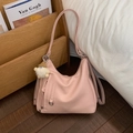 Versatile cherry pink PU leather tote bag with fringe zip and plush doll pendant - Pink with Pendant