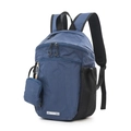 Detail of navy blue plaid nylon backpack with waterproof grid fabric and small hanging pouch - Blue