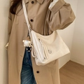 Minimalist creamy white large capacity tote bag with cute plush pendant and PU leather finish - White with Pendant