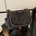 Vintage dark gray washed denim crossbody bag with multi-pocket design for women - Black