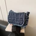 Retro washed blue denim crossbody bag with flap design and vintage vertical stitching detail - Dark Blue