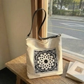 Chic floral embroidery canvas tote bag in off-white with black straps and mandala pattern - Off-white