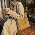 Brown suede tote bag with floral mandala embroidery and vintage crossbody strap style - Coffee