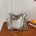 Chic silver quilted bucket bag with golden chain strap and D charm pendant - Silver