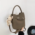 Elephant gray bucket bag in lychee pattern leather with a cute bear plush pendant - Elephant Gray with Charm