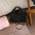Elegant black suede handbag with bow details and detachable shoulder strap for daily use - Black