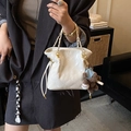 White quilted bucket bag with golden chain strap and a cute brown plush bear charm - Beige (With Charm)