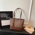 Brown patchwork faux leather tote bag with colorful wooden bead tassel and large capacity - Brown with Pendant
