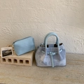 Light blue canvas tote bag set with matching pouch on minimalist stone background - No Pendant / Blue