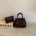 Deep brown printed bucket handbag set with matching zipper pouch and leather straps - No Pendant / Coffee
