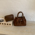 Dark brown textured tote bag and matching inner pouch set with minimalist metal buckles - No Pendant / Brown