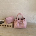 Pink canvas bucket handbag and matching zipper pouch set for women in casual style - No Pendant / Pink