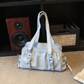 Chic light blue pleated Boston bag with silver buckles for shoulder or hand carry - Blue