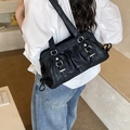 Fashionable black pleated Boston bag with silver buckles and a retro bowling silhouette - Black