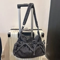 Vintage dark gray washed denim bow shoulder bag with drawstring pleats for women - Black