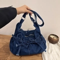 Dark blue denim bow shoulder bag with pleated design and adjustable strap - Dark Blue