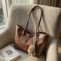Brown faux leather tote bag with long shoulder strap and cute plush bear charm - Brown with Pendant