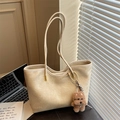 Chic off-white large tote bag with bear charm and retro leather texture for daily work - Beige With Charm