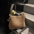 Borsa tote in paglia intrecciata con manici a righe e fiocchi in nastro per la spiaggia estiva - Cachi