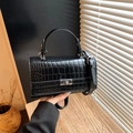 Borsa a mano nera con trama a coccodrillo, fibbia in metallo argento e manico - Nero