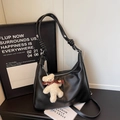 Retro black crescent tote bag in soft leather with cute plush bear charm and knotted strap - Black With Pendant