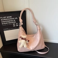 Pink large capacity faux leather hobo tote bag with a cute plush bear charm accessory - Pink With Pendant