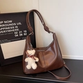 Dark brown large capacity tote bag with soft leather texture and bear pendant - Brown with Pendant