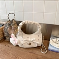 Sac à main beige chic avec imprimé floral, nœud et charmant lapin en peluche blanc - Blanc