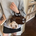 Dark brown patent leather crossbody handbag with cute beige plush bunny pendant - Coffee (With Pendant)