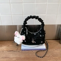 Sac croissant en velours noir à motif floral violet, nœud et breloque lapin en peluche - Noir