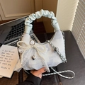 Sac croissant à carreaux bleu clair avec anse plissée nuage et nœud en dentelle - Bleu (Avec Pendentif)