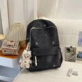 Schwarzer Nylon-Schulrucksack mit weißen Schmetterlingsprints und Plüschbär-Anhänger - Schwarz mit Anhänger