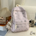 Lavendelfarbener Nylon-Schulrucksack mit Schmetterlingsdruck und Bären-Anhänger - Lila Mit Anhänger