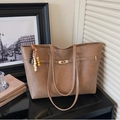 Brown PU leather tote bag with gold buckle and colorful wooden bead keychain accessory - Style With Charm / Khaki
