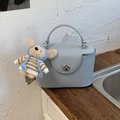 Minimalist light blue PU box handbag with silver twist lock and cute teddy bear charm - Blue with Charm