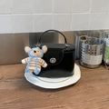 Elegant black glossy leather mini handbag with round metal lock and cute bear charm pendant - Black with Pendant