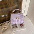 Purple luxury crossbody bag with large bow and golden cat clasp on plaid fabric - Purple