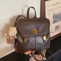 Vintage dark brown leather backpack with gold hardware and small bear charm - Coffee with Pendant