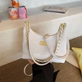 Borsa hobo alla moda in tessuto beige con finiture in pelle bianca e catena d'oro - Bianco