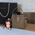 Brown litchi leather bucket bag with silver twist lock and cute plush puppy charm - With Pendant / Elephant Gray