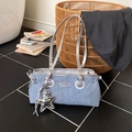 Borsa bowling in denim azzurro con ciondolo a stella argento e fiocchi laterali - Argento (Con Ciondolo)