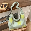 Pale green large capacity tote bag with yellow plush stars and ruffled handle - Matcha Green