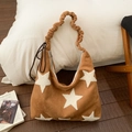 Caramel brown suede star tote bag with ruched handle and white plush star patterns - Brown