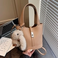 Sac seau rétro kaki en cuir motif litchi avec breloque animal en peluche mignon - Khaki (Avec Porte-clés)